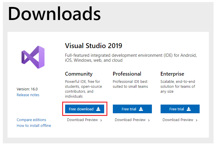 download visual studio community vs professional